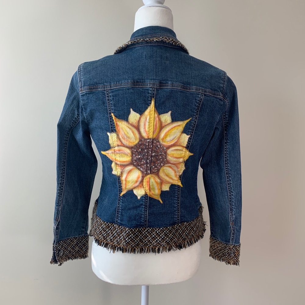 Coldwater Creek Denim Jacket Painted Sunflower 6P - Picture 1 of 6
